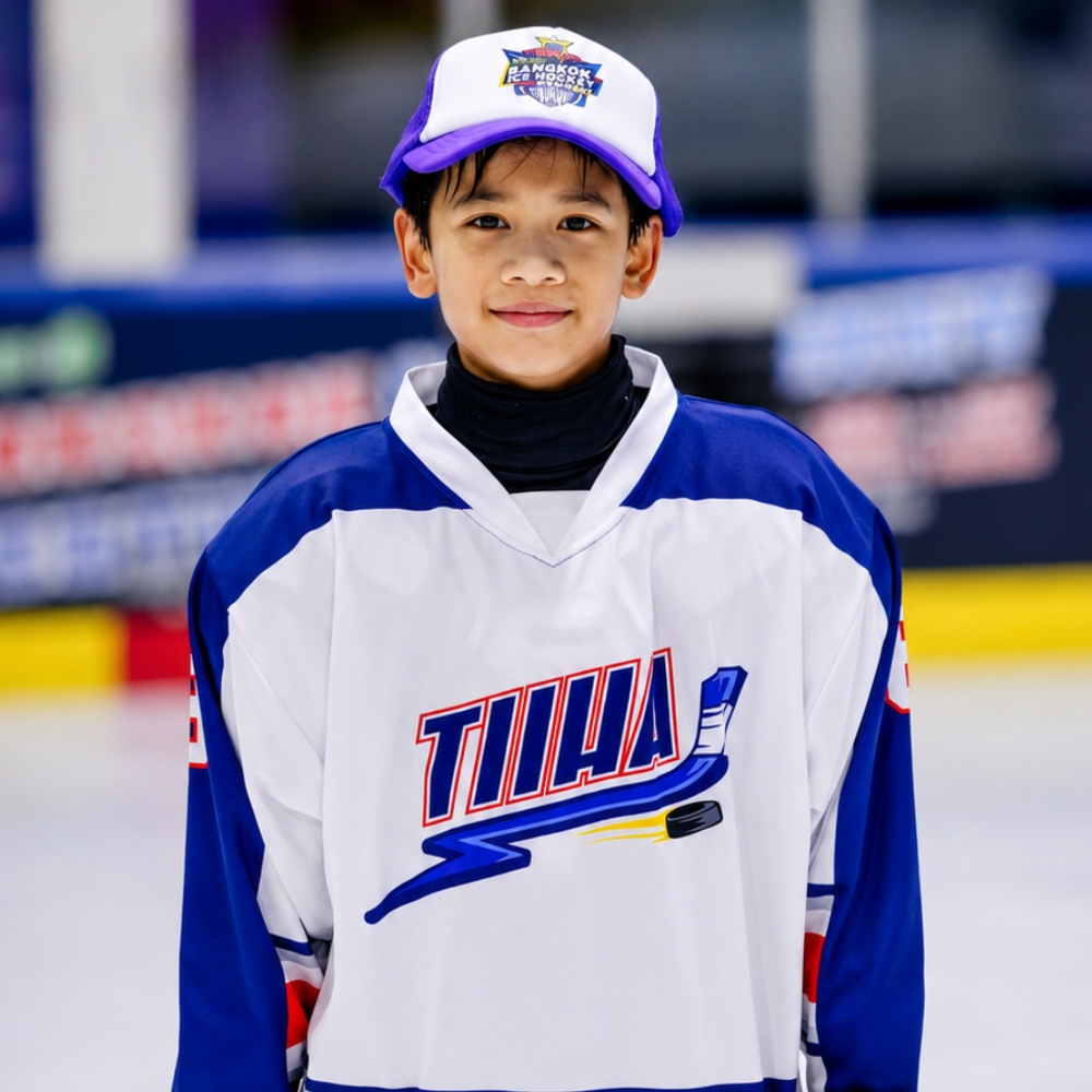 Indy from Wellington College Bangkok celebrating achievements at the 3on3Bangkok Ice Hockey Festival 2026