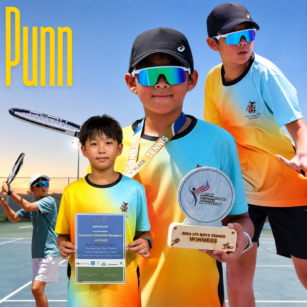 Punn from Wellington College Bangkok celebrating tennis achievements at the BISA U11 Tennis Tournament and NextGen Star Thai Tennis Junior Championship 2026