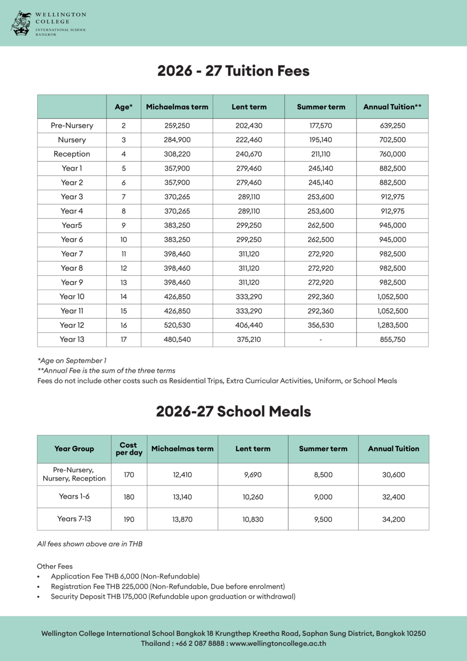 Wellington College International School Bangkok Fee Schedule 2025–2026