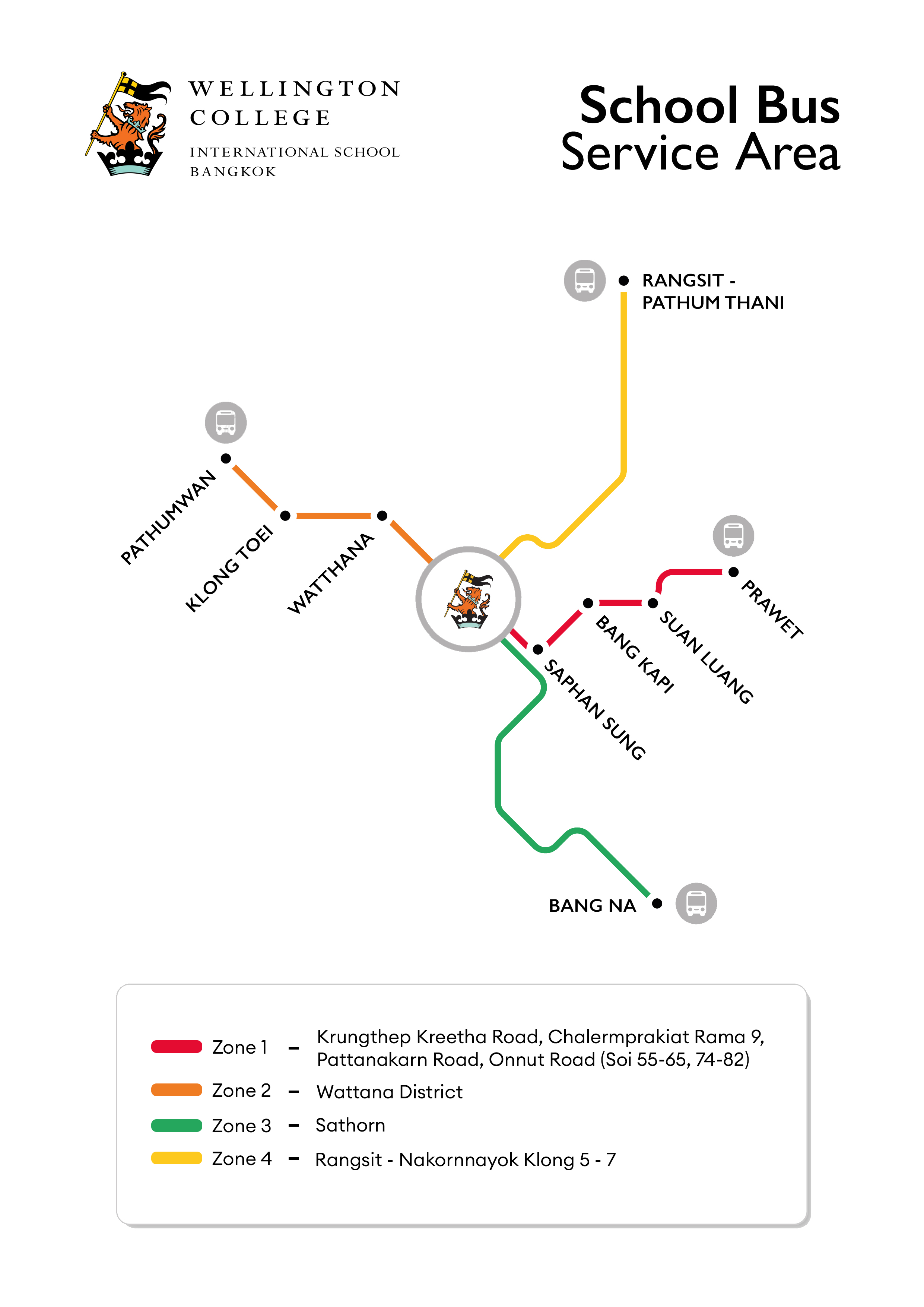 School bus route coverage map for Wellington College International School Bangkok