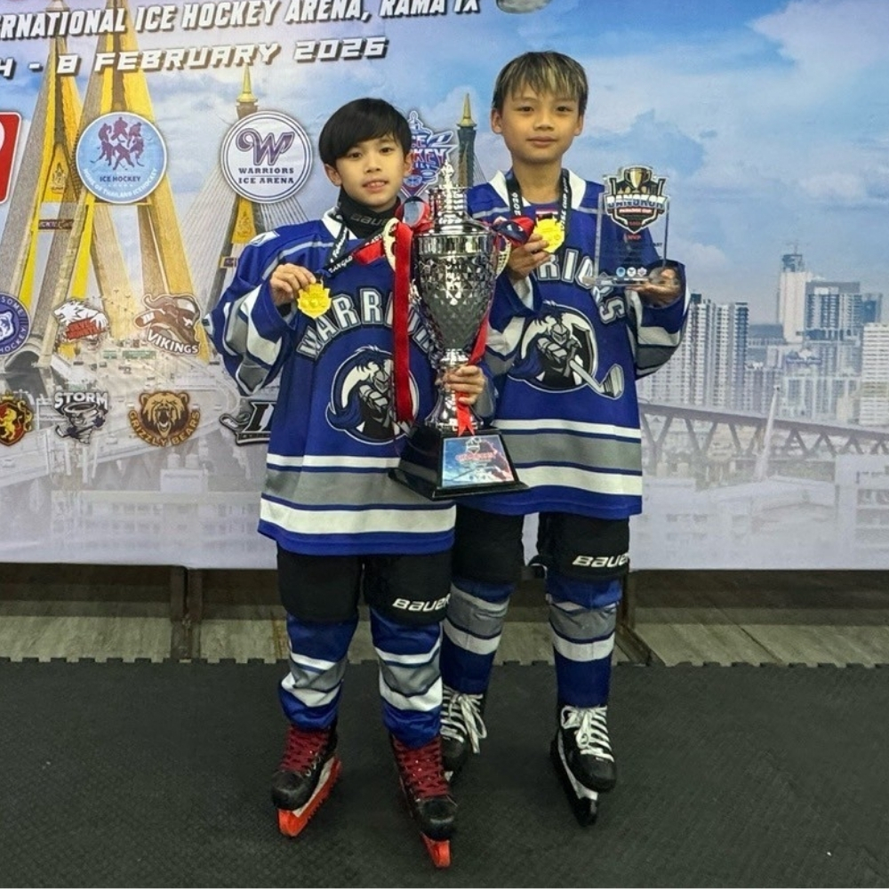 Nuclear and Marven winning the Bangkok Paradise Cup 2026 U12 ice hockey championship and MVP award